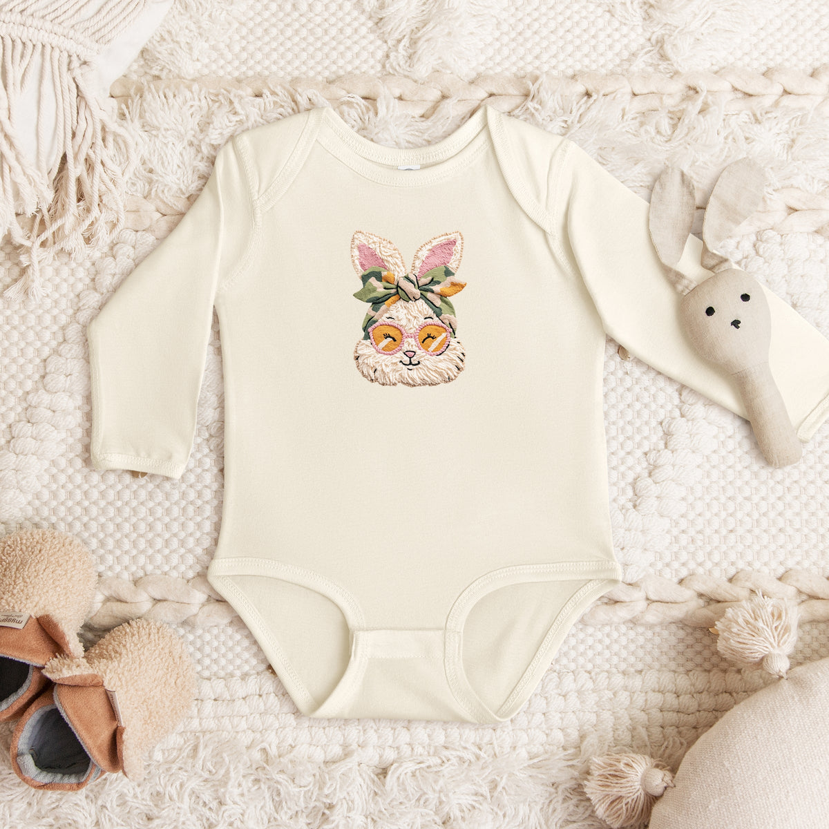 Bunny Face Yarn Print - Baby Long Sleeve Bodysuit
