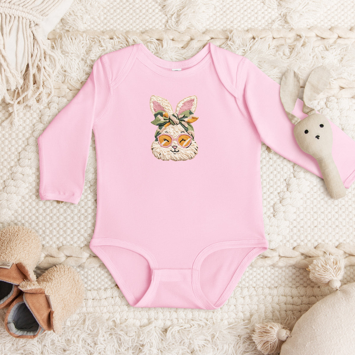 Bunny Face Yarn Print - Baby Long Sleeve Bodysuit