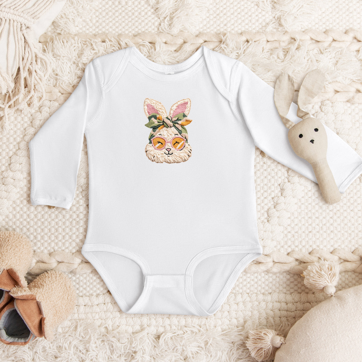Bunny Face Yarn Print - Baby Long Sleeve Bodysuit