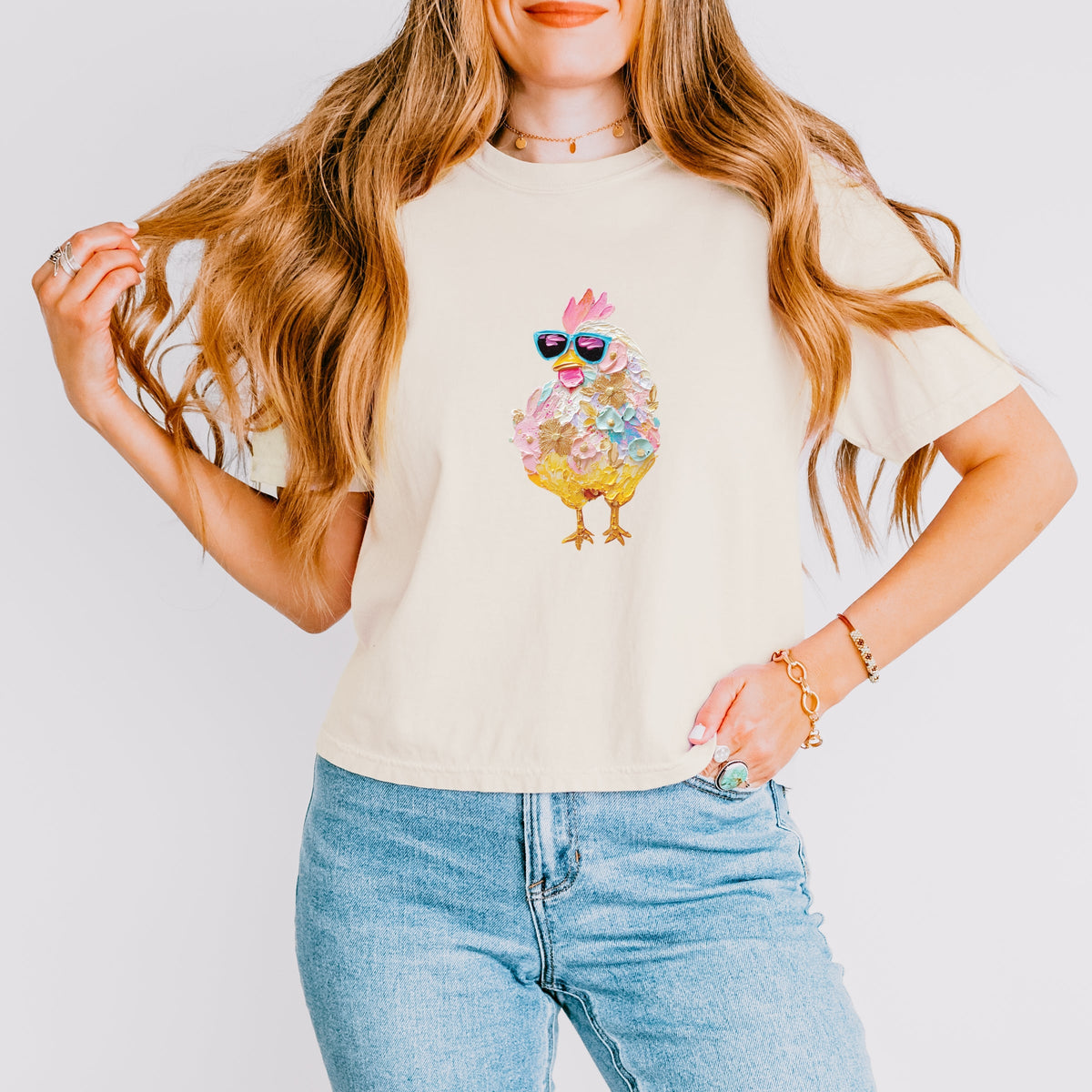 Sunglasses Chick Paint Print - Women's Boxy Crop Top Graphic T-Shirt