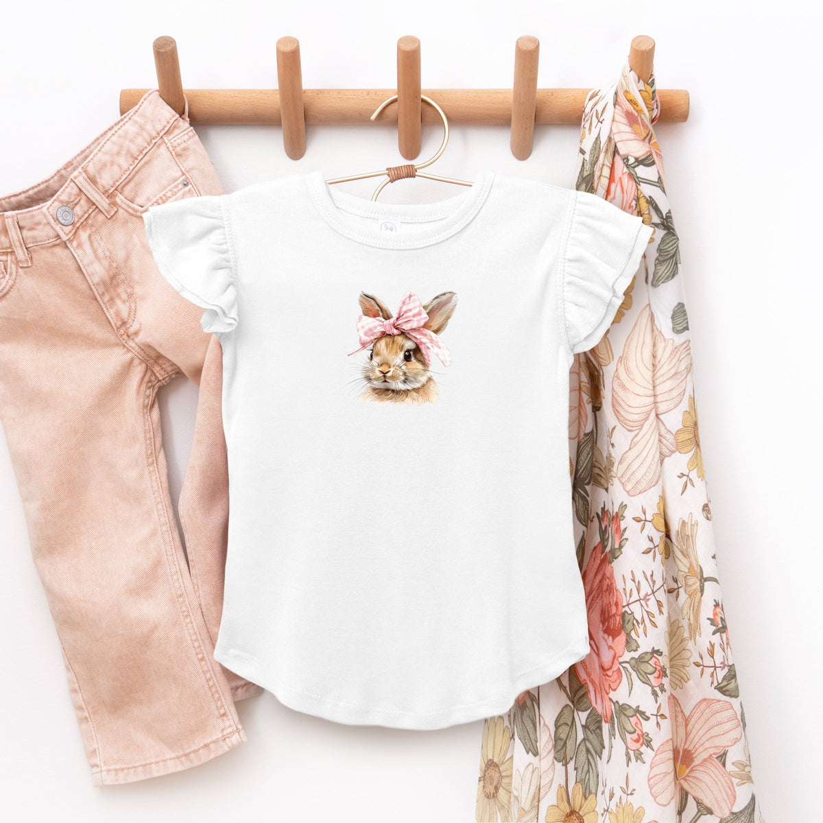 Watercolor Coquette Bunny - Flutter Sleeve Graphic T-Shirt