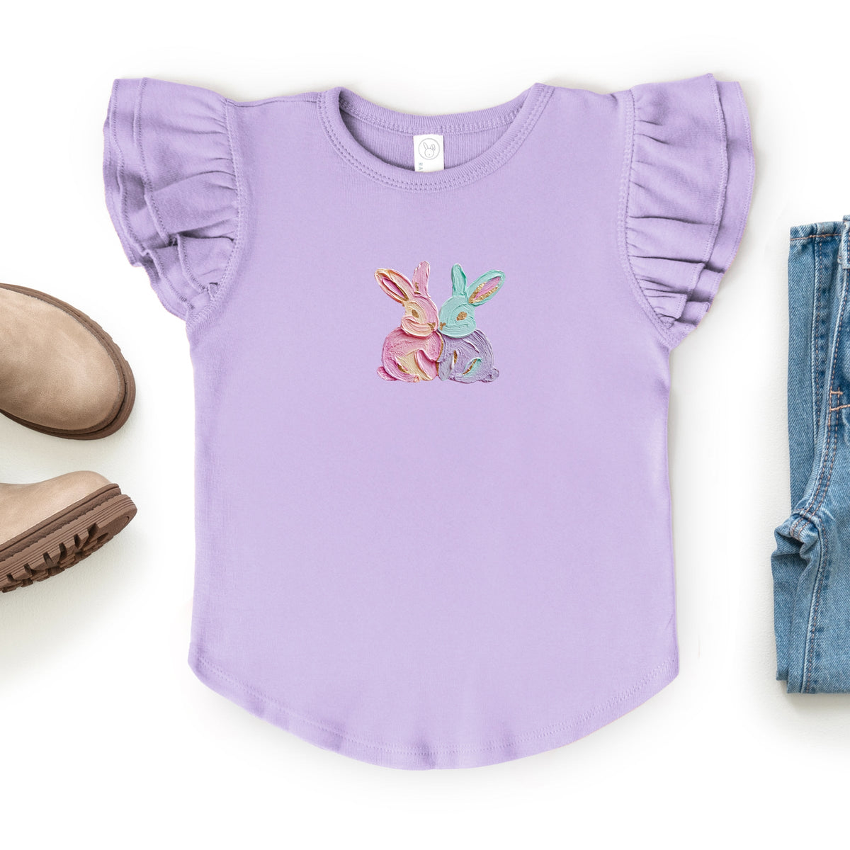 Two Bunnies Paint Print - Flutter Sleeve Graphic T-Shirt