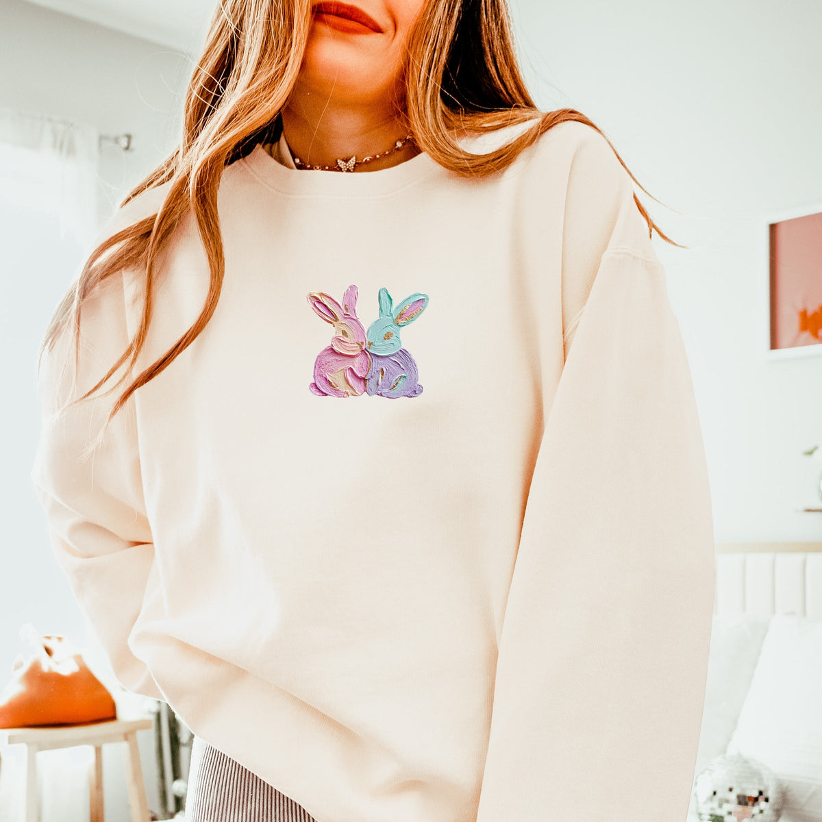 Two Bunnies Paint Print - Women's Lightweight Garment Dyed Sweatshirt
