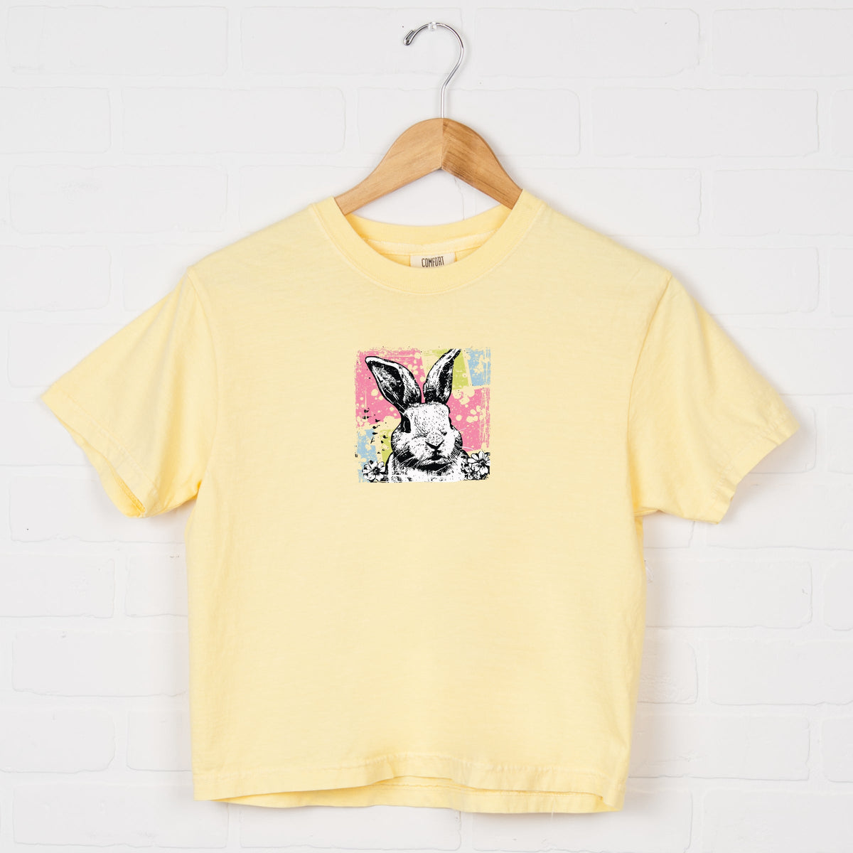 Bunny Square Distressed - Women's Boxy Crop Top Graphic T-Shirt