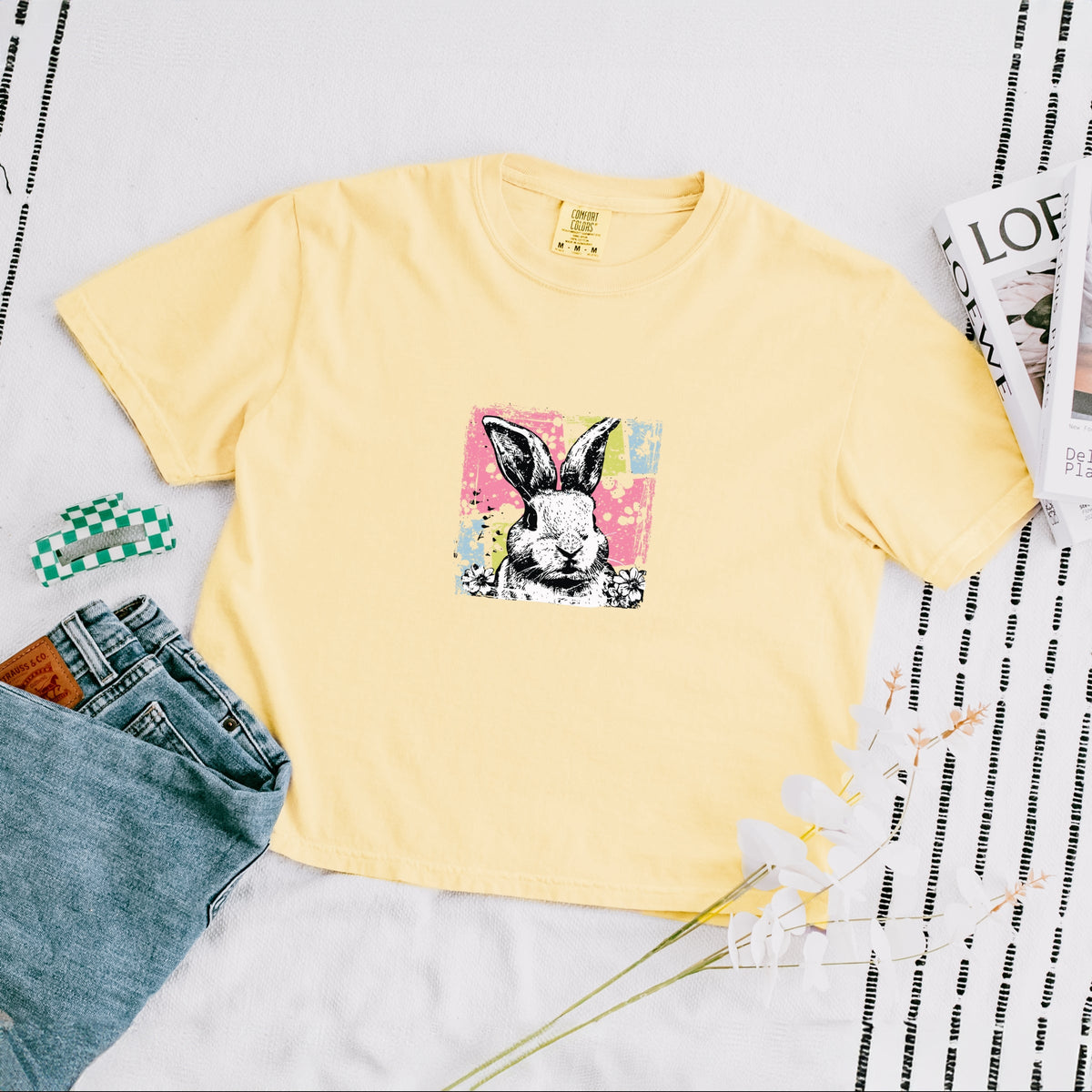 Bunny Square Distressed - Women's Boxy Crop Top Graphic T-Shirt