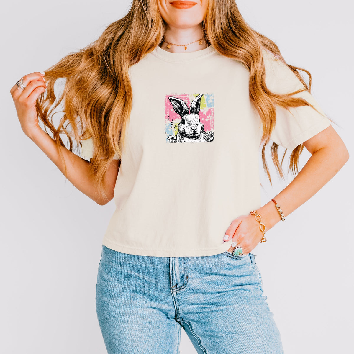 Bunny Square Distressed - Women's Boxy Crop Top Graphic T-Shirt