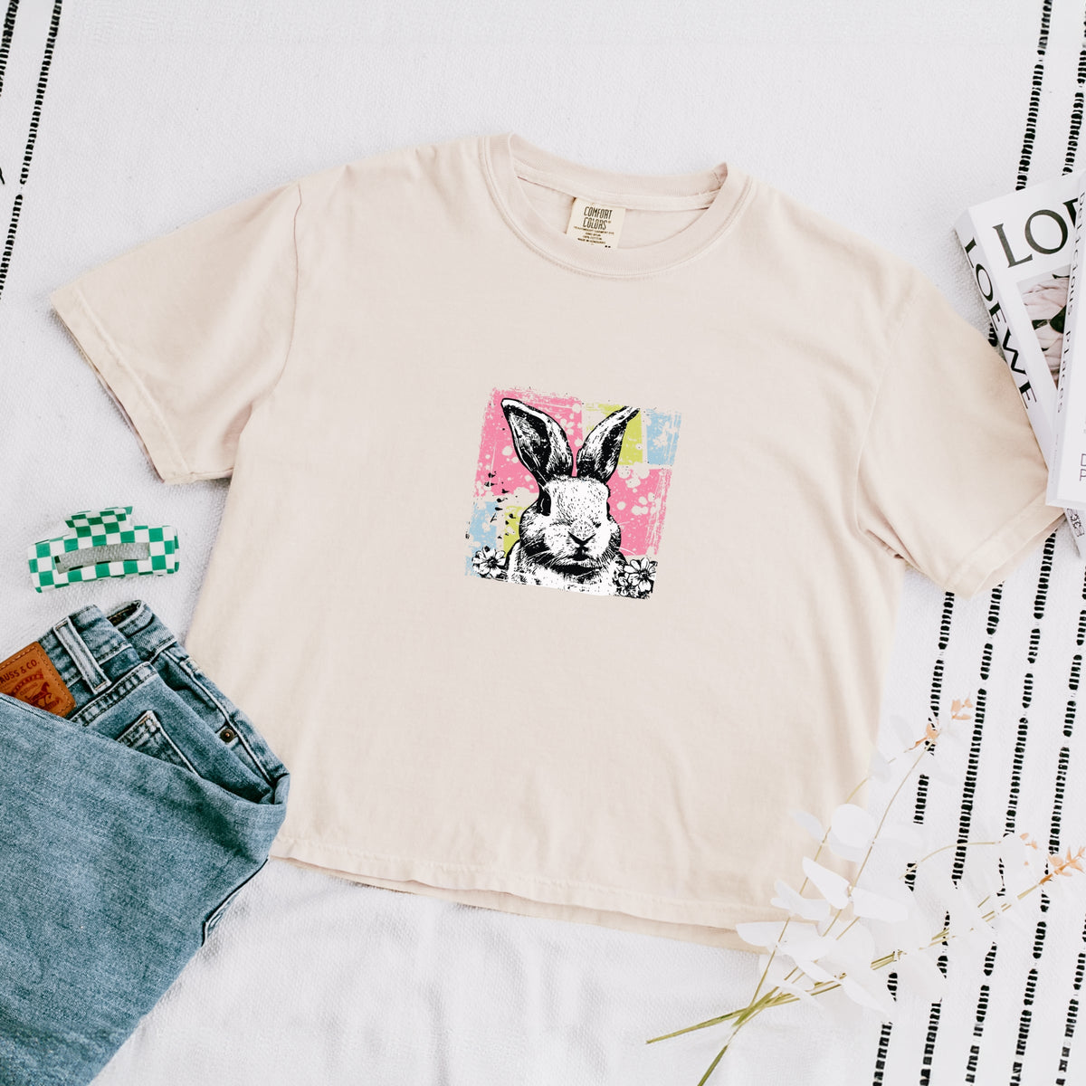 Bunny Square Distressed - Women's Boxy Crop Top Graphic T-Shirt