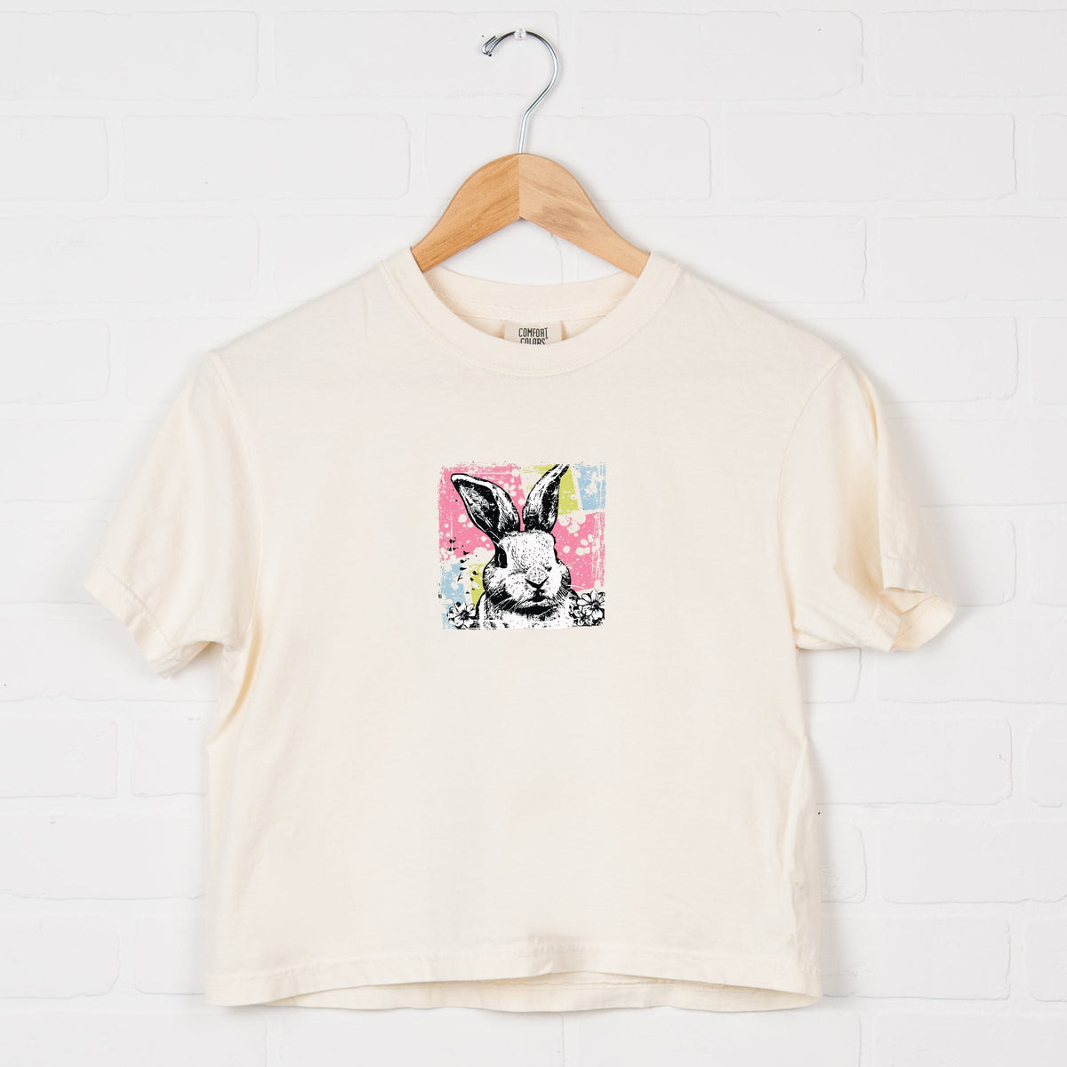 Bunny Square Distressed - Women's Boxy Crop Top Graphic T-Shirt