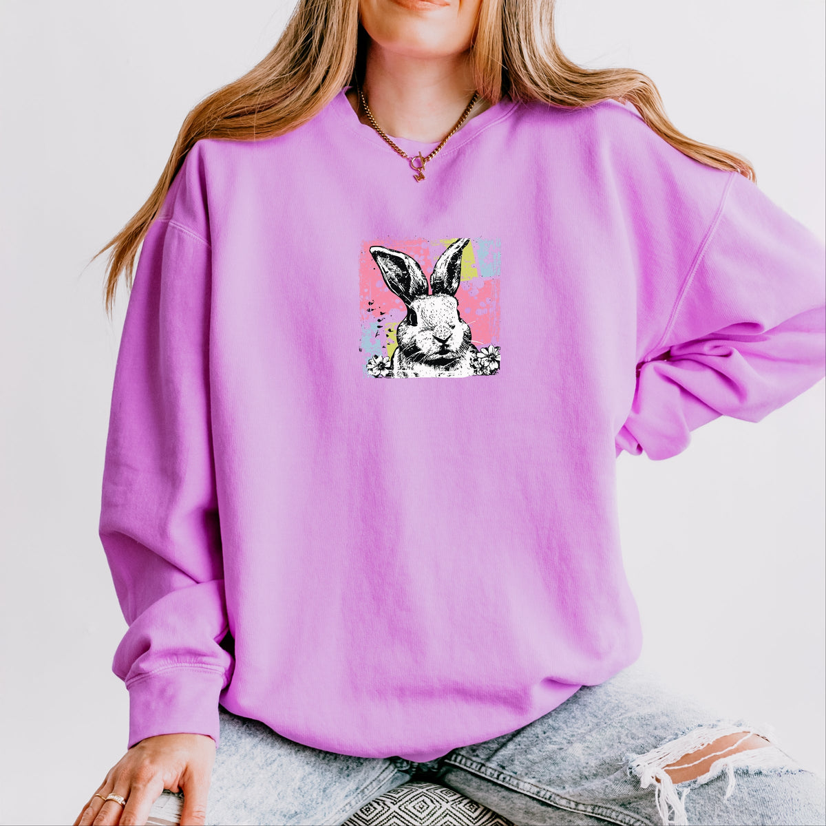 Bunny Square Distressed - Women's Lightweight Garment Dyed Sweatshirt