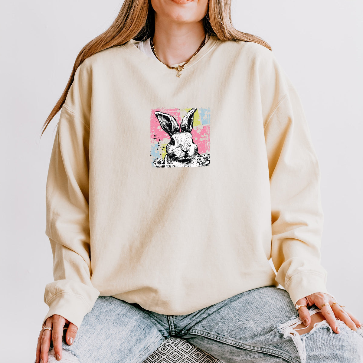 Bunny Square Distressed - Women's Lightweight Garment Dyed Sweatshirt
