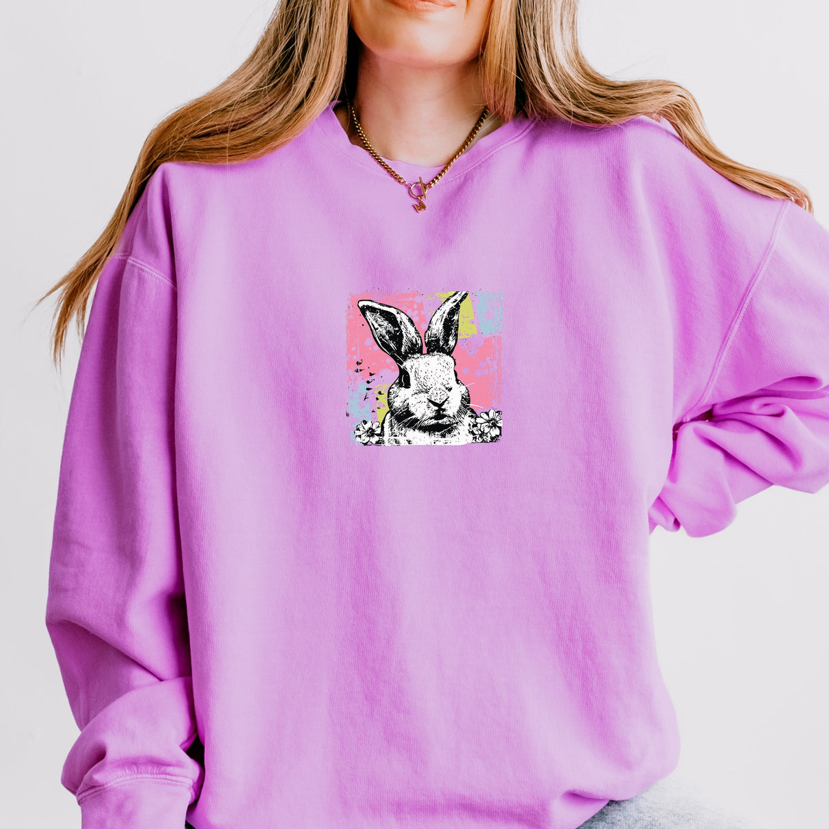 Bunny Square Distressed - Women's Lightweight Garment Dyed Sweatshirt
