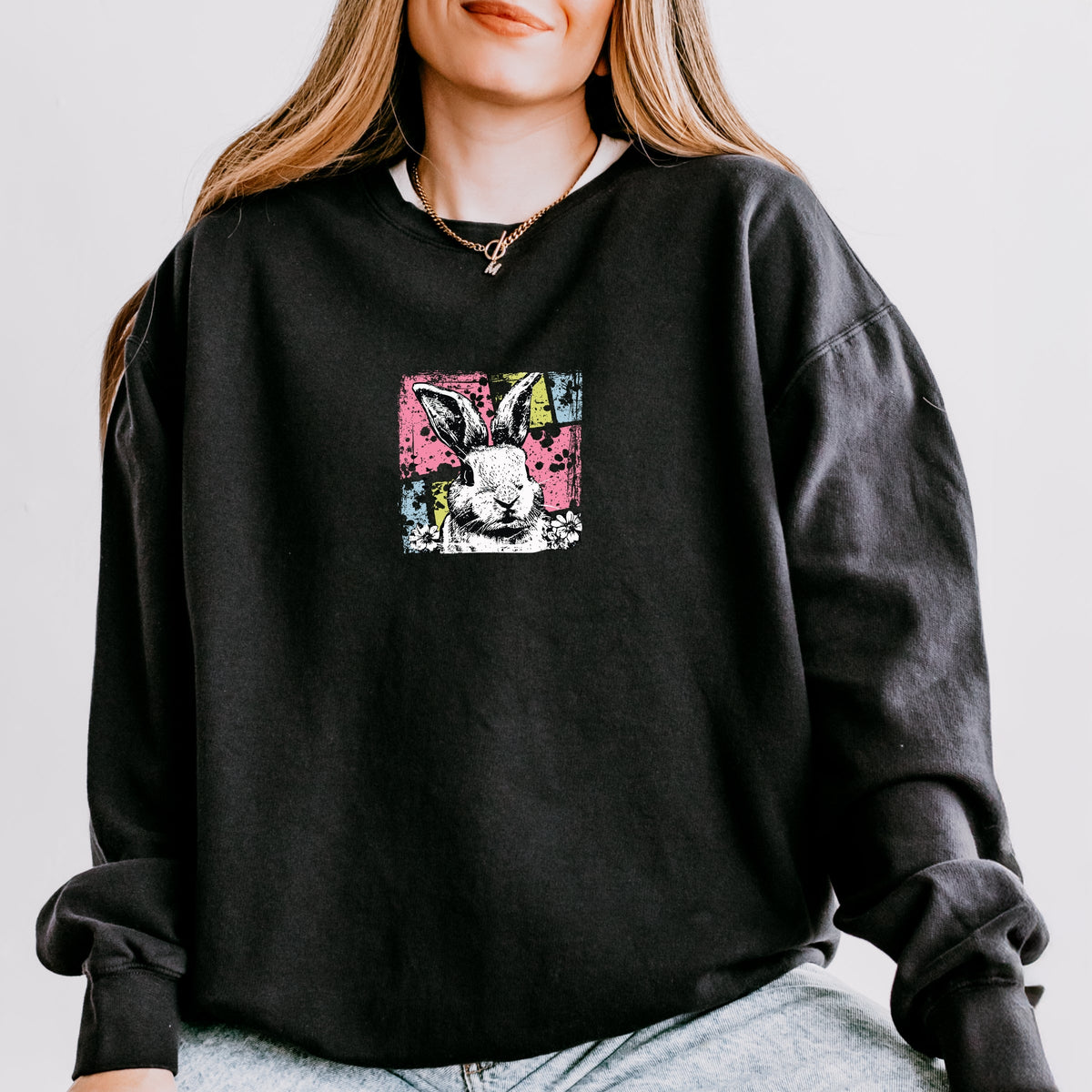 Bunny Square Distressed - Women's Lightweight Garment Dyed Sweatshirt