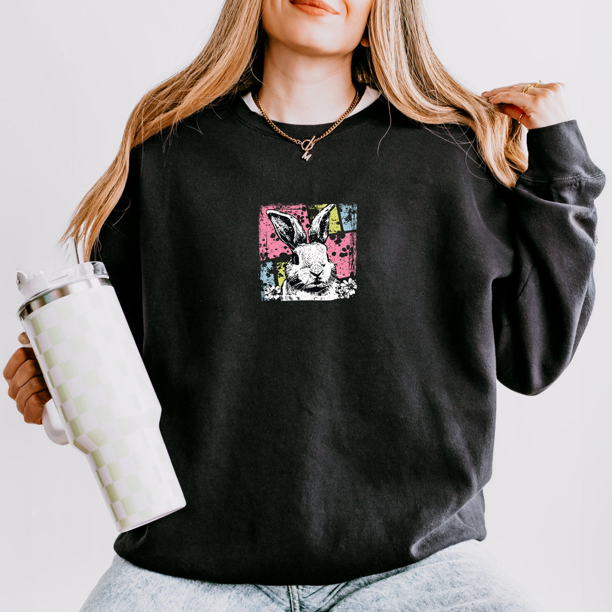 Bunny Square Distressed - Women's Lightweight Garment Dyed Sweatshirt