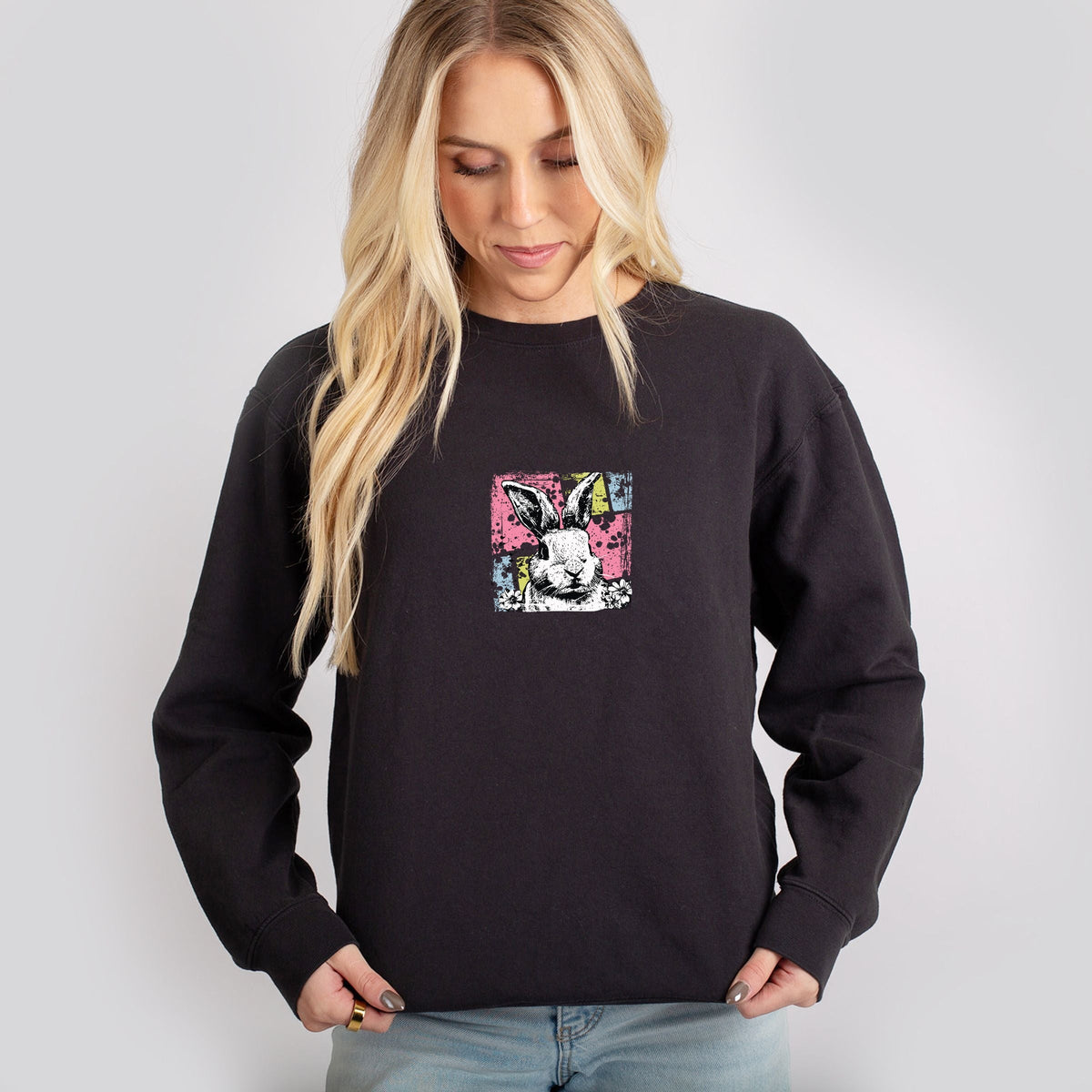 Bunny Square Distressed - Women's Lightweight Garment Dyed Sweatshirt
