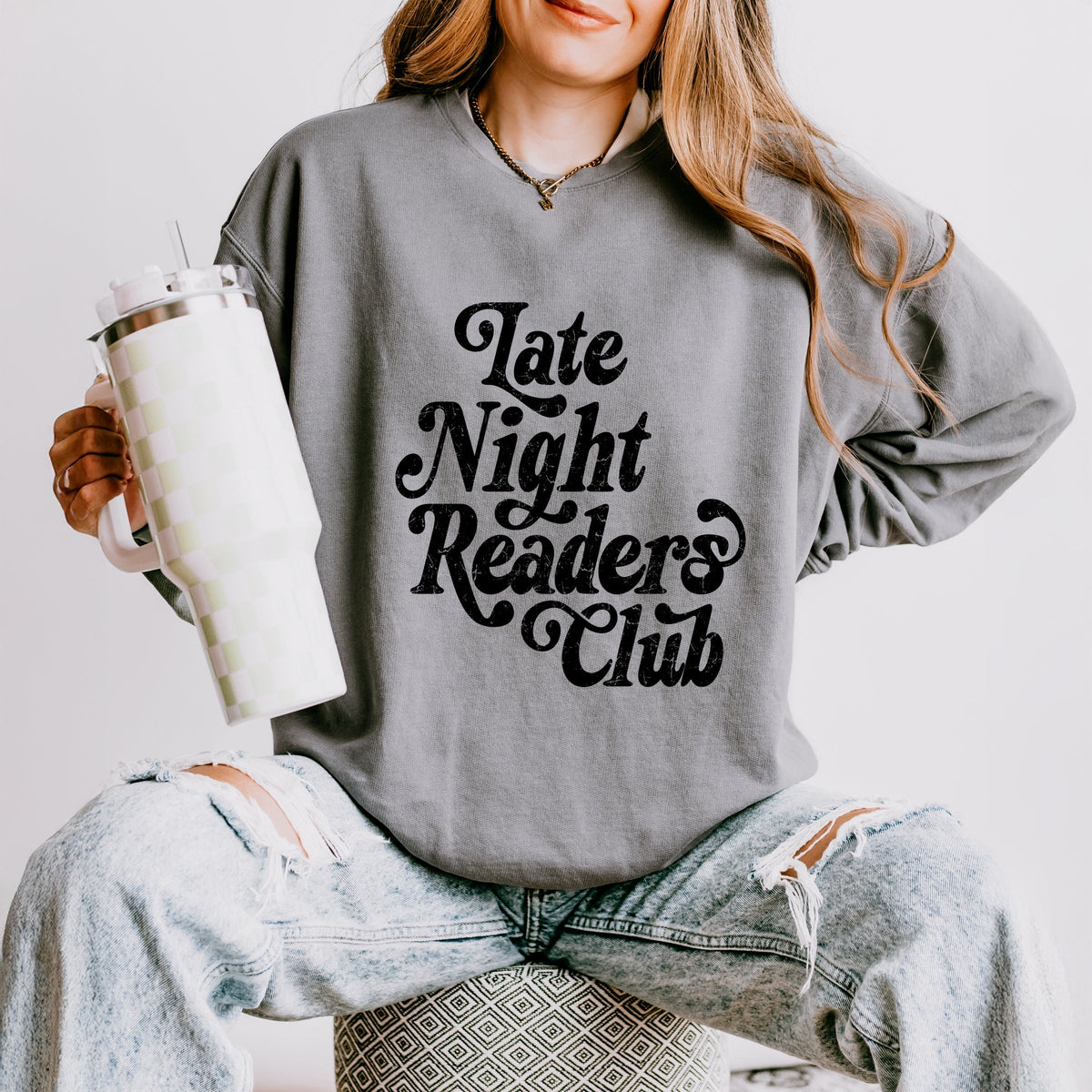 Late Night Readers Club Distressed - Women's Lightweight Garment Dyed Sweatshirt