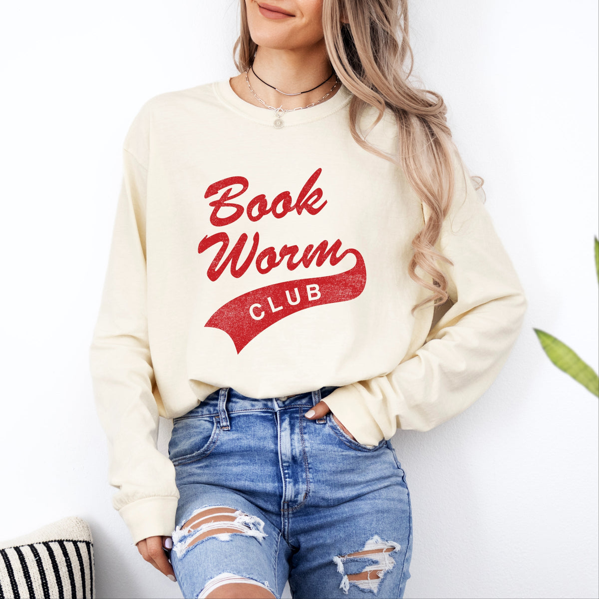 Book Worm Club Distressed - Women's Garment Dyed Long Sleeve Graphic T-Shirt