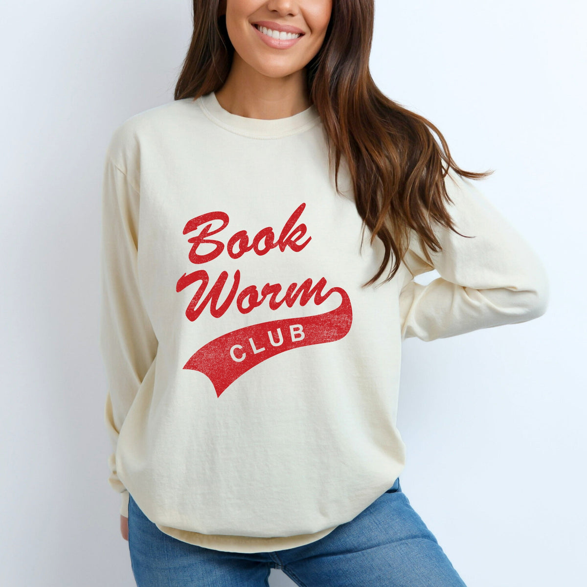 Book Worm Club Distressed - Women's Garment Dyed Long Sleeve Graphic T-Shirt