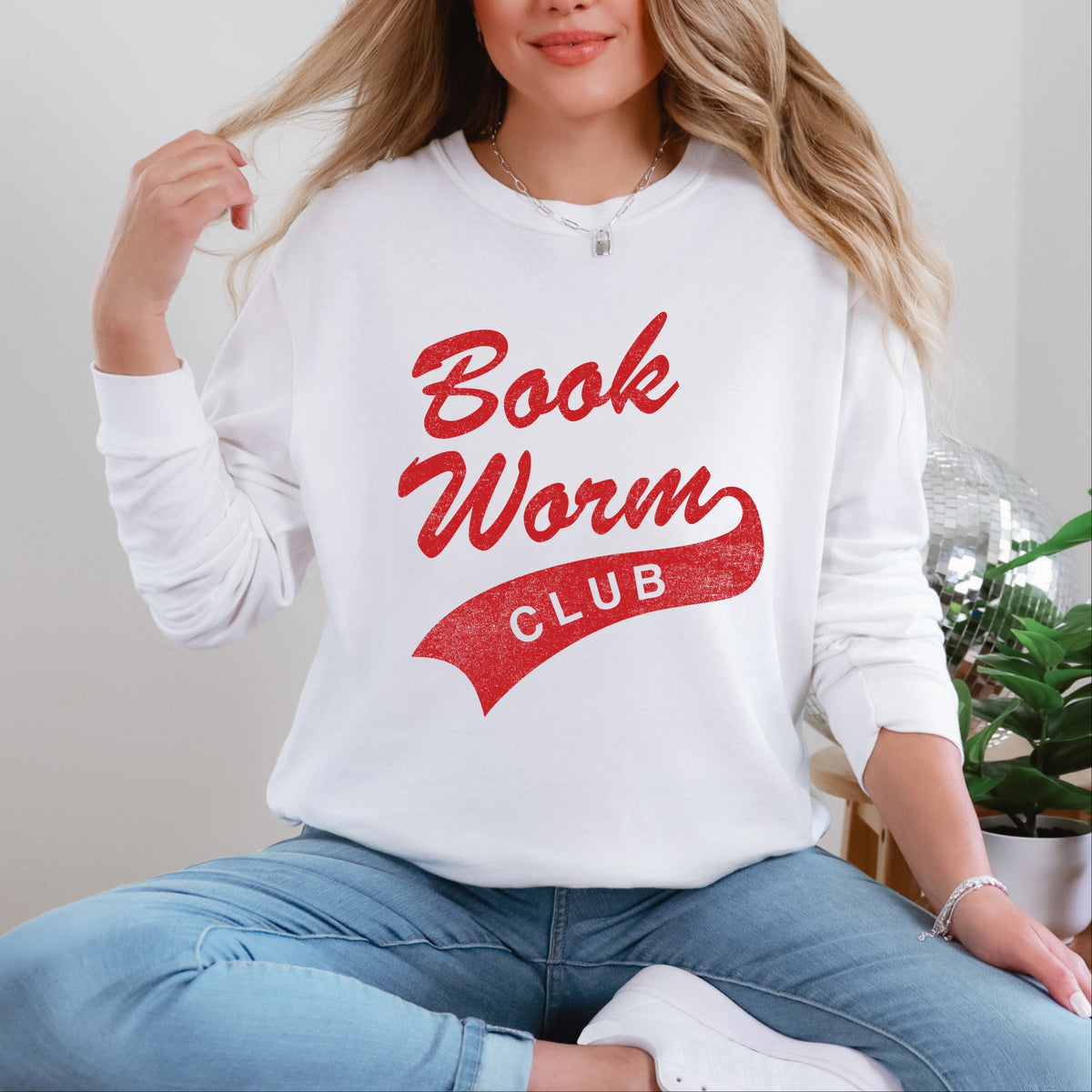 Book Worm Club Distressed - Women's Garment Dyed Long Sleeve Graphic T-Shirt