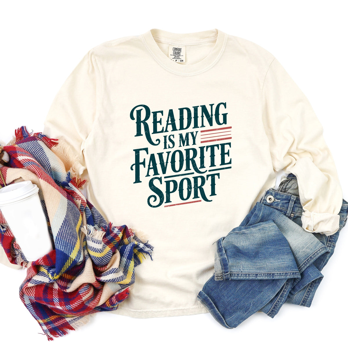 Reading Is My Favorite Sport Stripes - Women's Garment Dyed Long Sleeve Graphic T-Shirt
