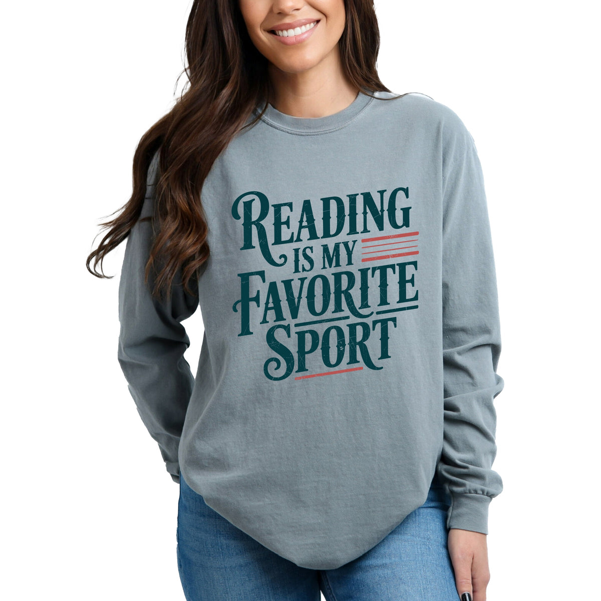 Reading Is My Favorite Sport Stripes - Women's Garment Dyed Long Sleeve Graphic T-Shirt