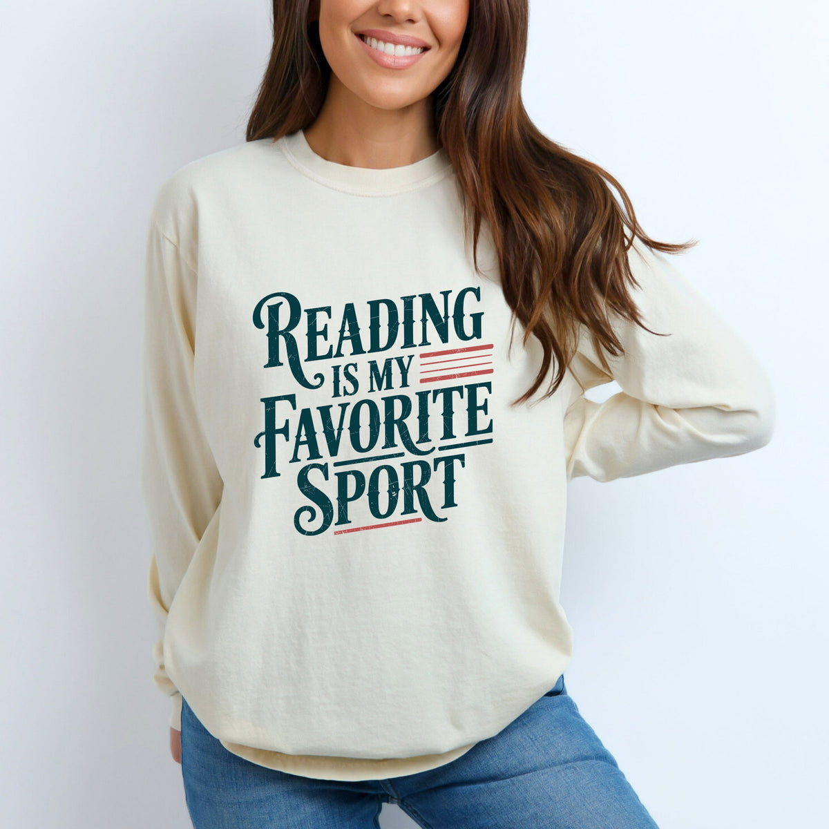 Reading Is My Favorite Sport Stripes - Women's Garment Dyed Long Sleeve Graphic T-Shirt