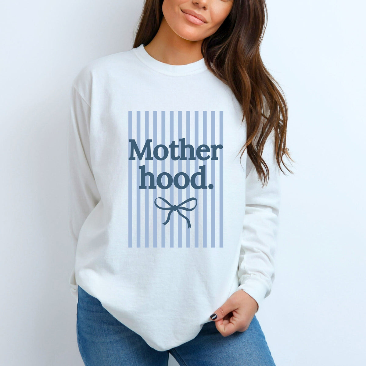 Blue Motherhood Stripes - Women's Garment Dyed Long Sleeve Graphic T-Shirt
