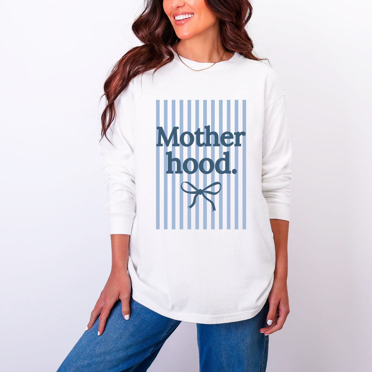 Blue Motherhood Stripes - Women's Garment Dyed Long Sleeve Graphic T-Shirt