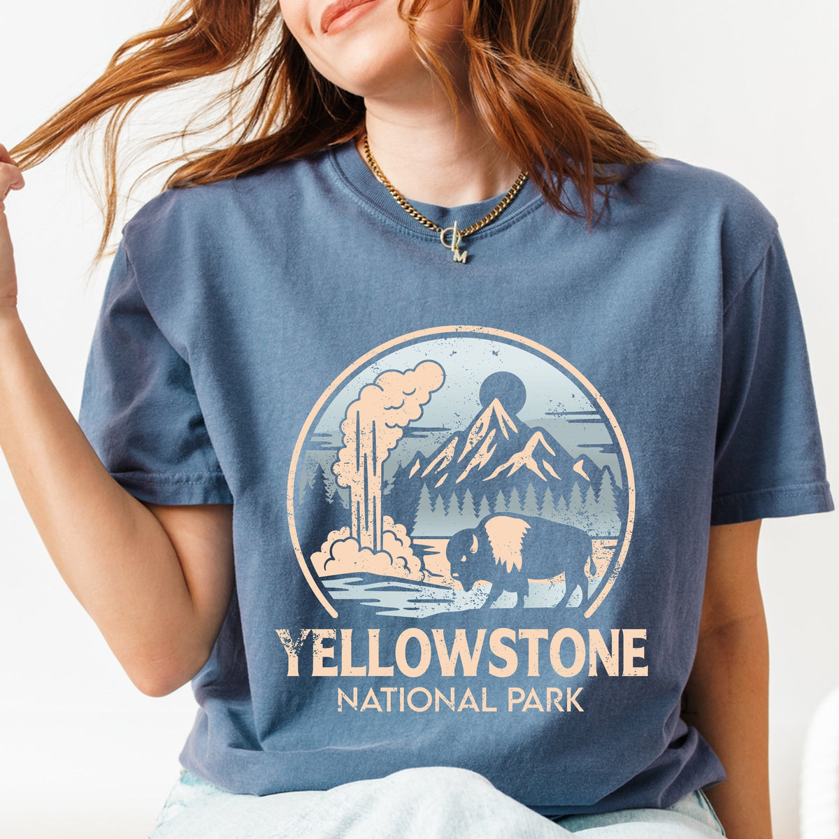 Yellowstone National Park Two-Toned Circle - Womens Garment Dyed Graphic T-Shirt