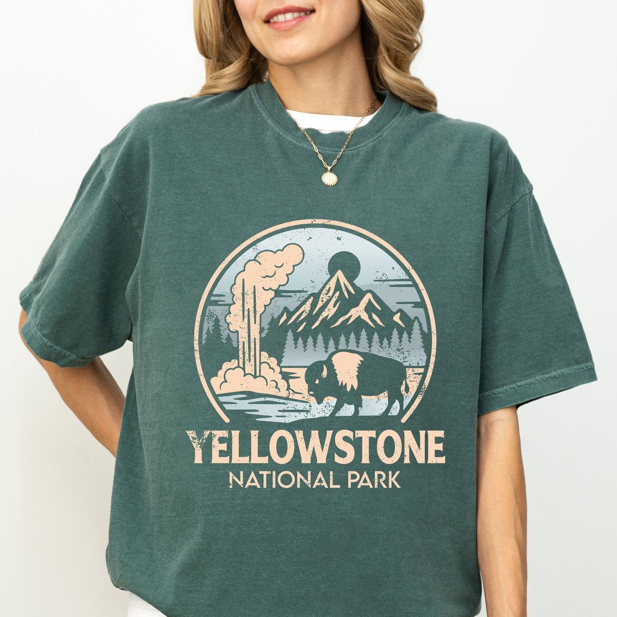 Yellowstone National Park Two-Toned Circle - Womens Garment Dyed Graphic T-Shirt
