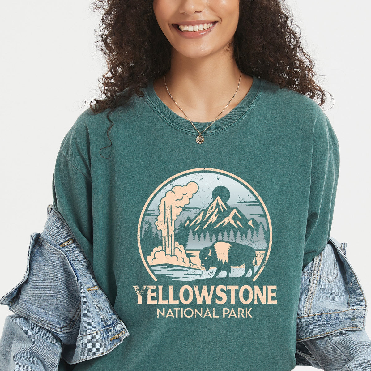 Yellowstone National Park Two-Toned Circle - Womens Garment Dyed Graphic T-Shirt