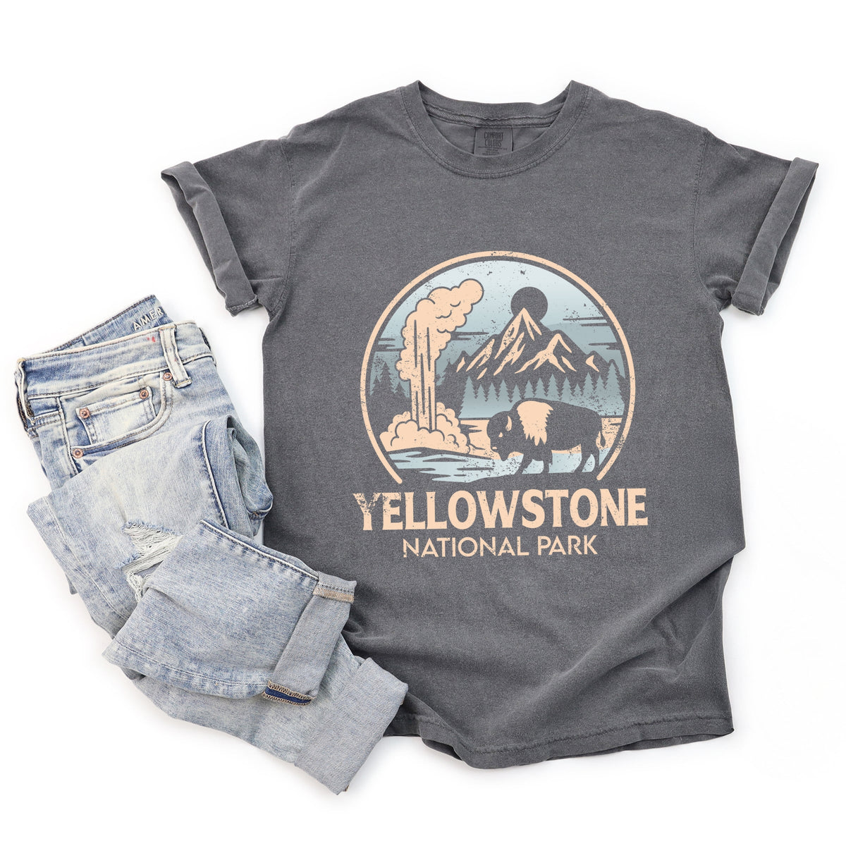 Yellowstone National Park Two-Toned Circle - Womens Garment Dyed Graphic T-Shirt