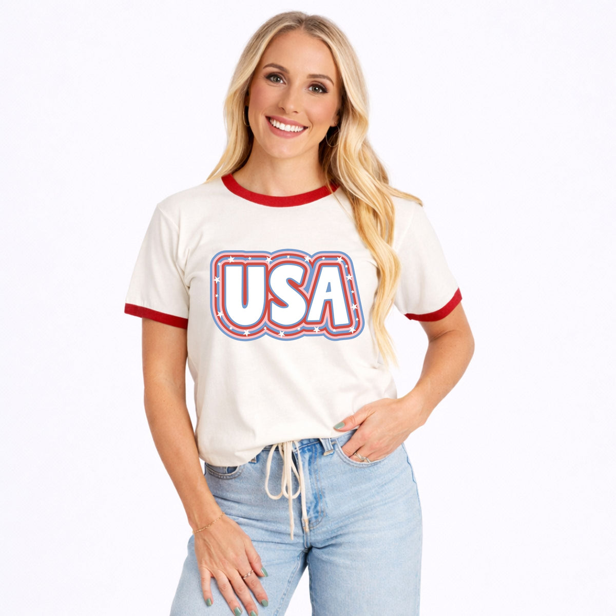 USA Outline - Women's Ringer Graphic T-Shirt