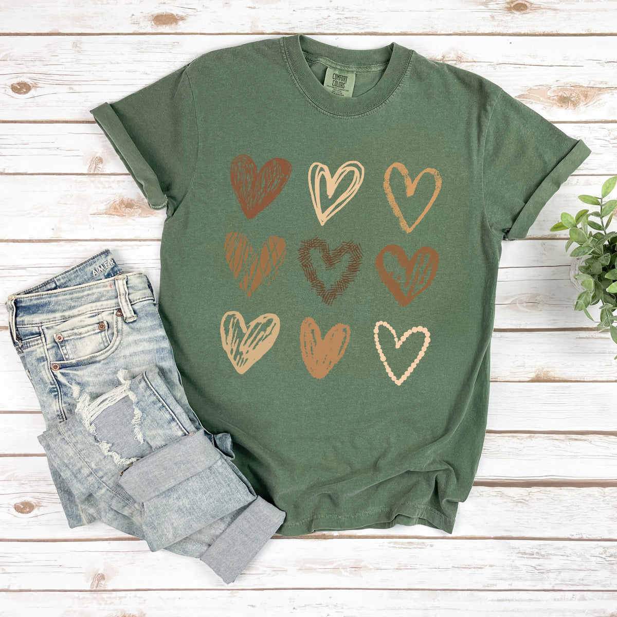 Brown Hearts Collage - Women's Garment Dyed Graphic T-Shirt