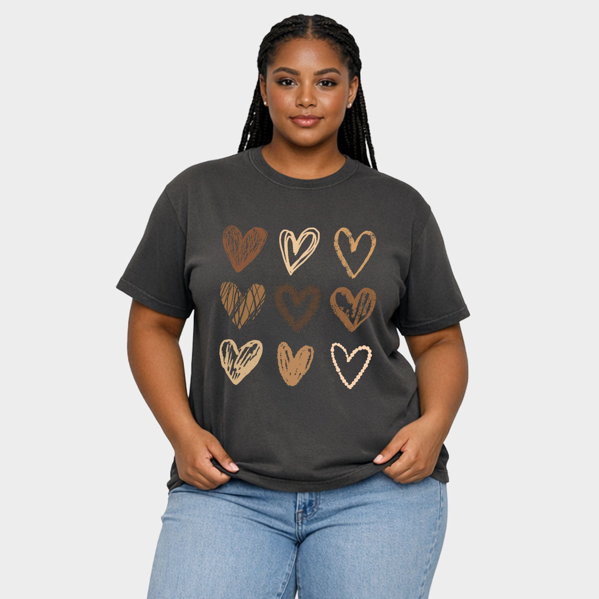 Brown Hearts Collage - Women's Plus Sized Garment Dyed Graphic T-Shirt