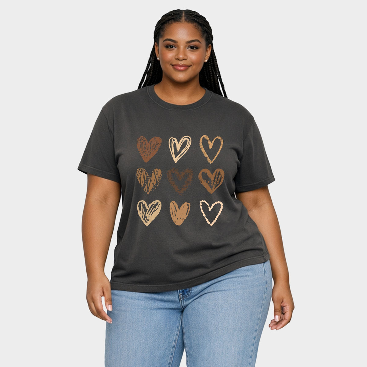 Brown Hearts Collage - Women's Plus Sized Garment Dyed Graphic T-Shirt
