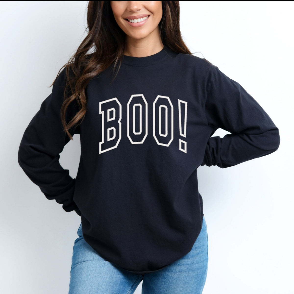 Embroidered Boo Arched - Women's Garment Dyed Long Sleeve Graphic T-Shirt