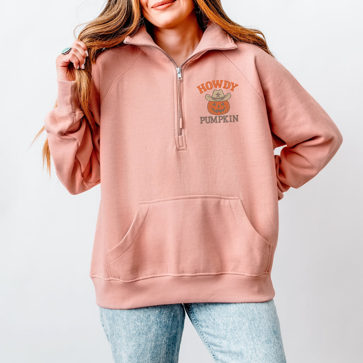 Embroidered Howdy Pumpkin - Women's Quarter Zip Fleece