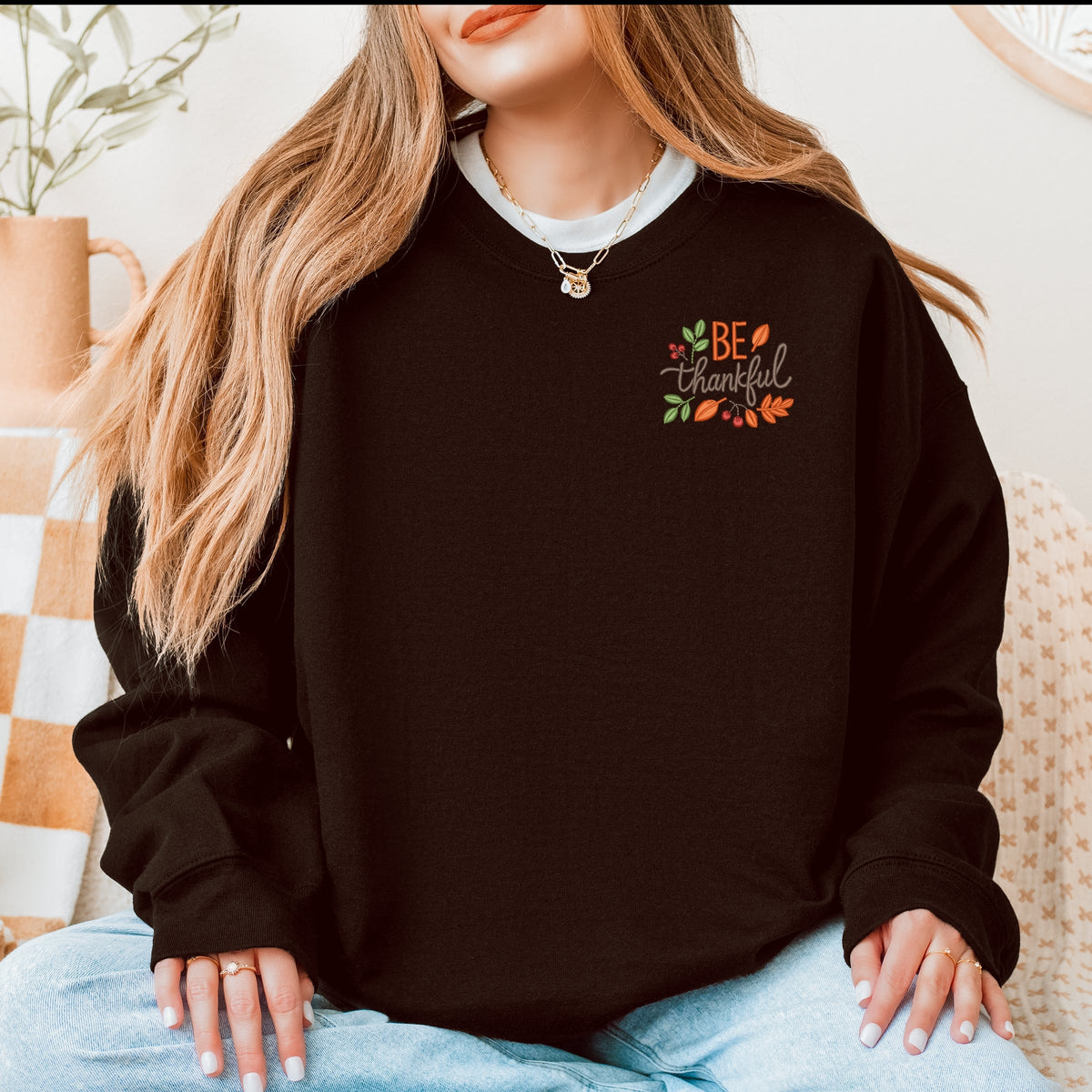 Embroidered Be Thankful Leaves - Women's Graphic Sweatshirt