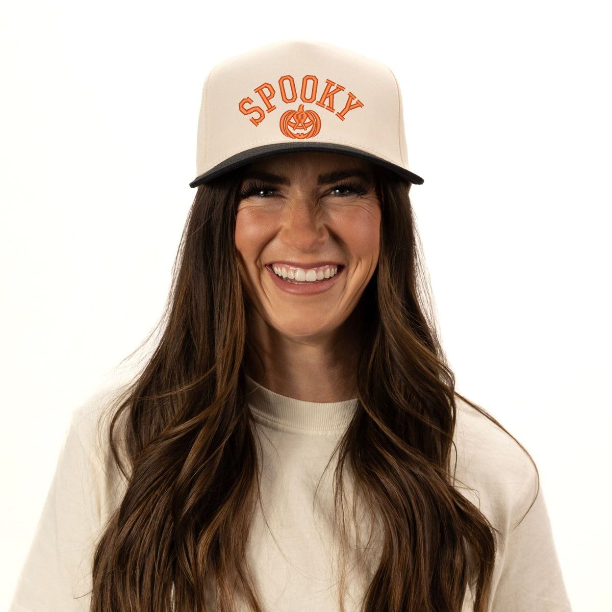 Embroidered Spooky Pumpkin - Women's Canvas Trucker Hat