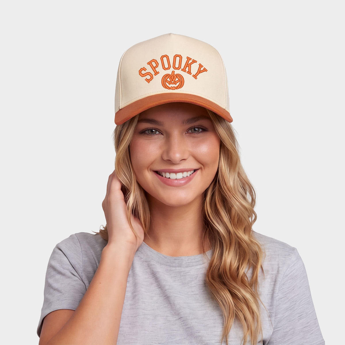 Embroidered Spooky Pumpkin - Women's Canvas Trucker Hat