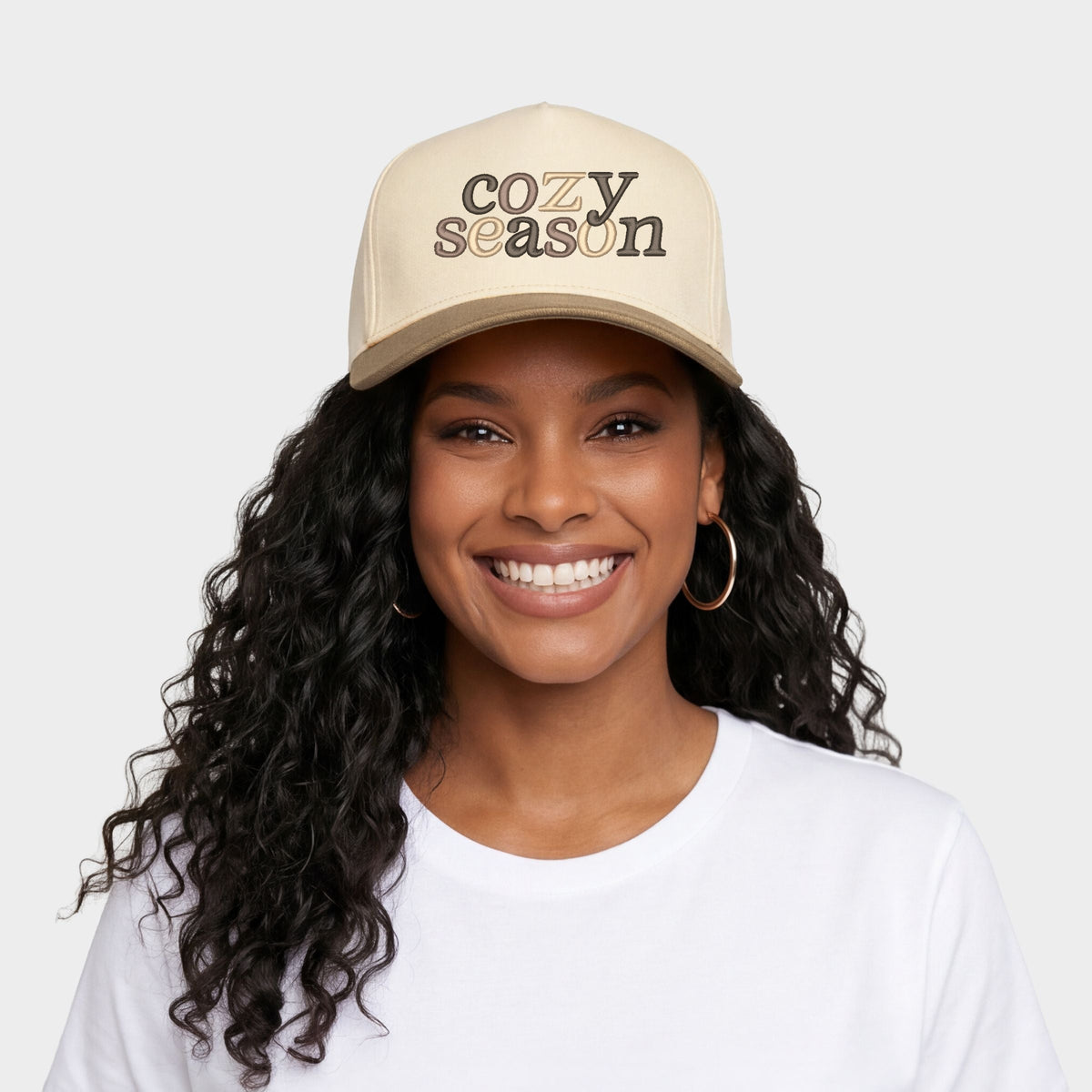 Embroidered Cozy Season Beige - Women's Canvas Trucker Hat