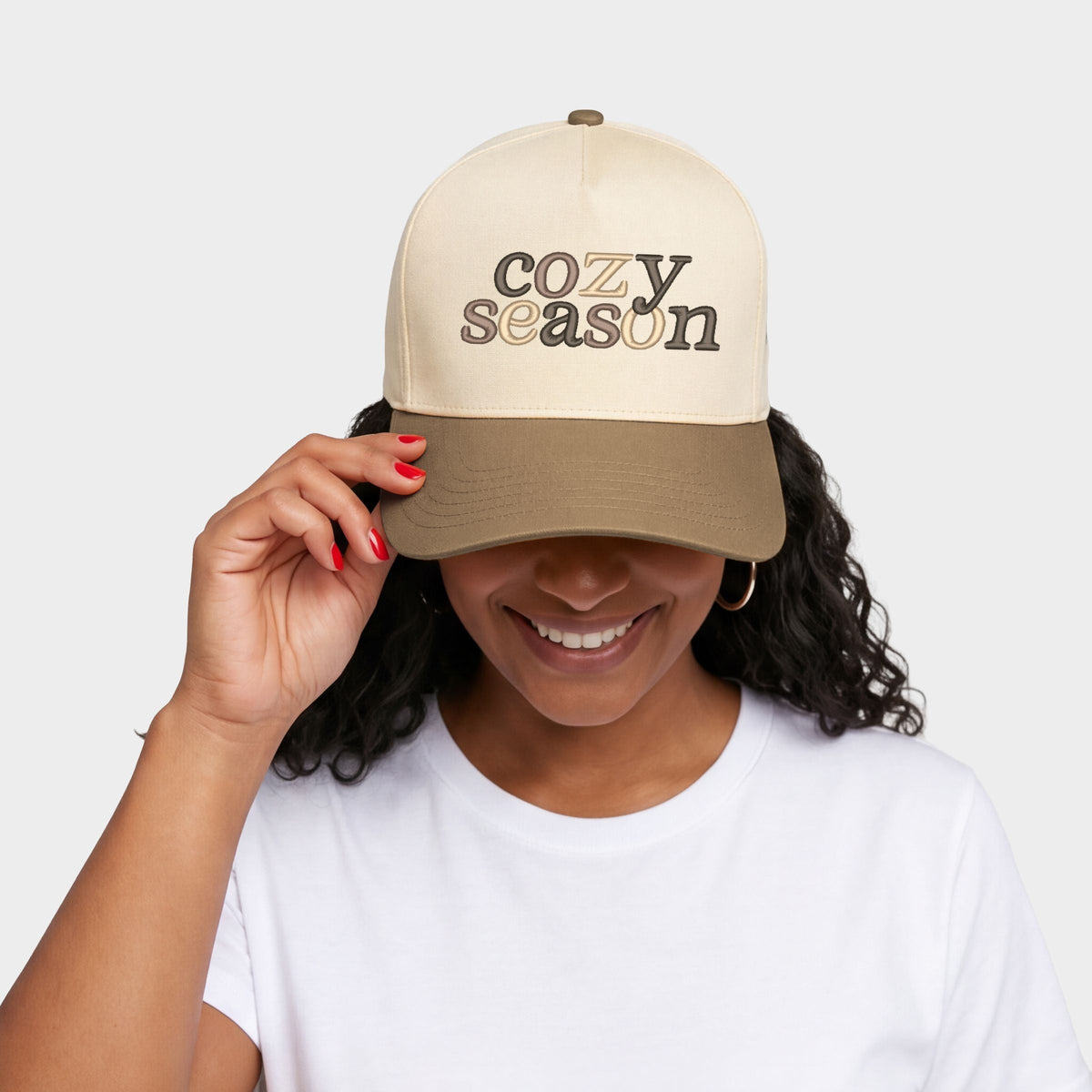 Embroidered Cozy Season Beige - Women's Canvas Trucker Hat