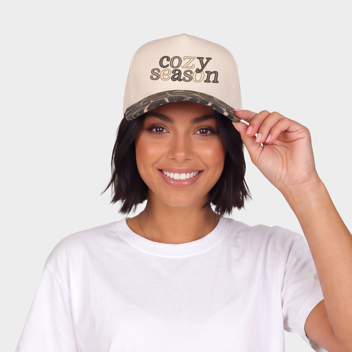 Embroidered Cozy Season Beige - Women's Canvas Trucker Hat