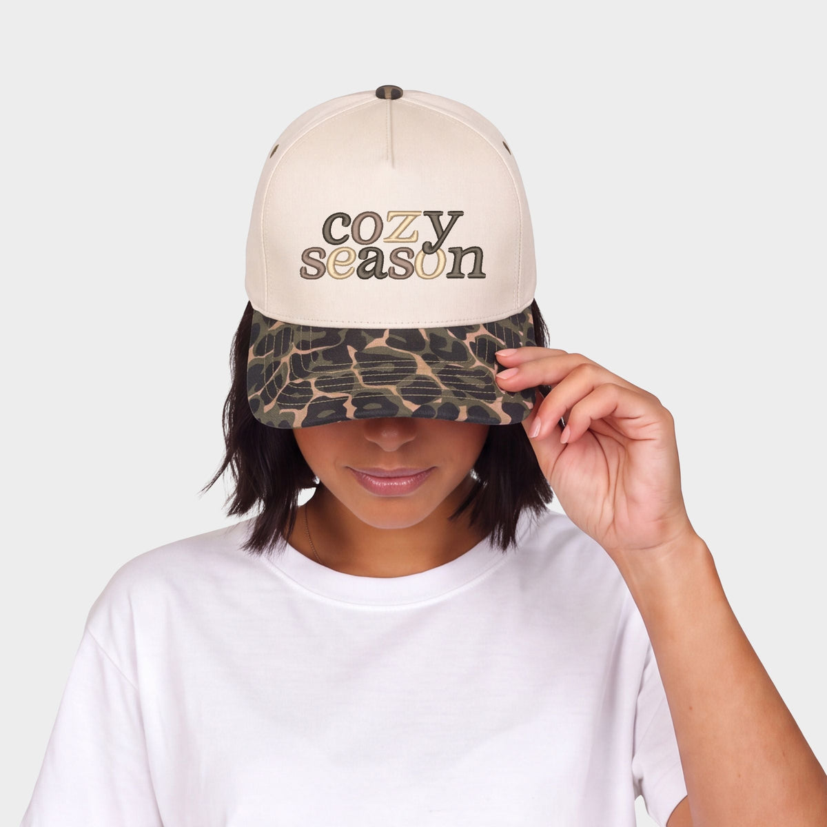 Embroidered Cozy Season Beige - Women's Canvas Trucker Hat