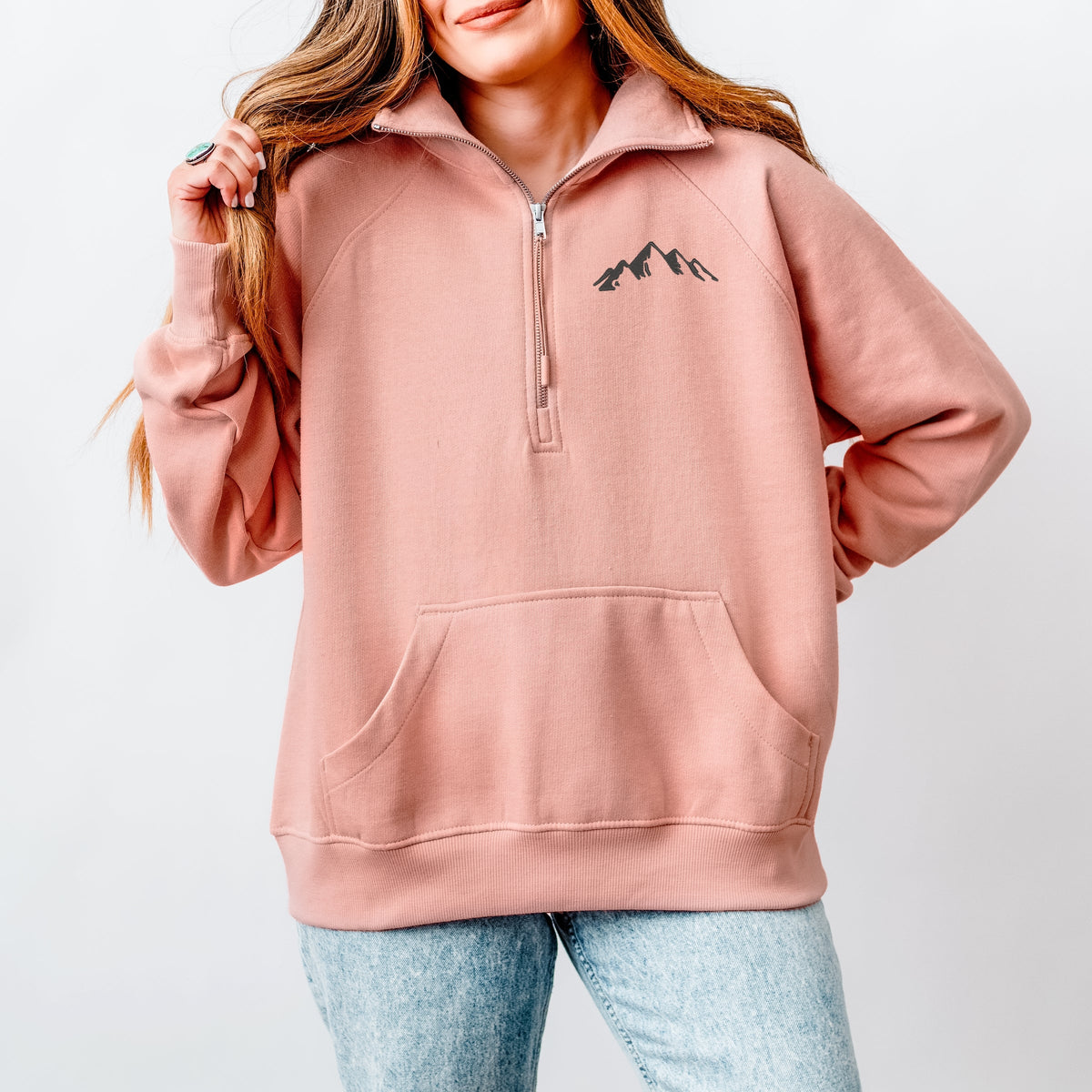 Embroidered Mountains Outline - Women's Quarter Zip Fleece Graphic Sweatshirt