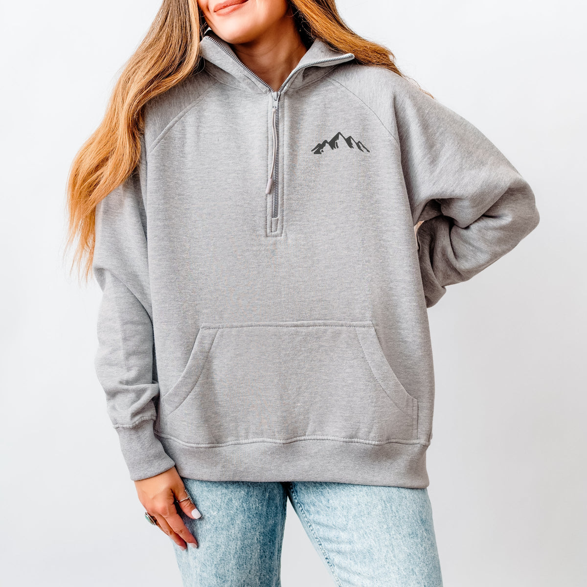 Embroidered Mountains Outline - Women's Quarter Zip Fleece Graphic Sweatshirt