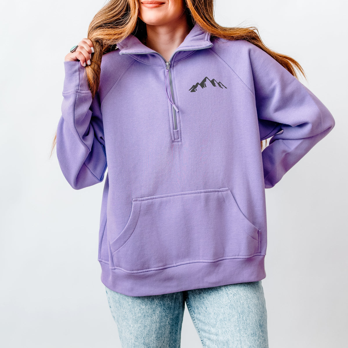 Embroidered Mountains Outline - Women's Quarter Zip Fleece Graphic Sweatshirt