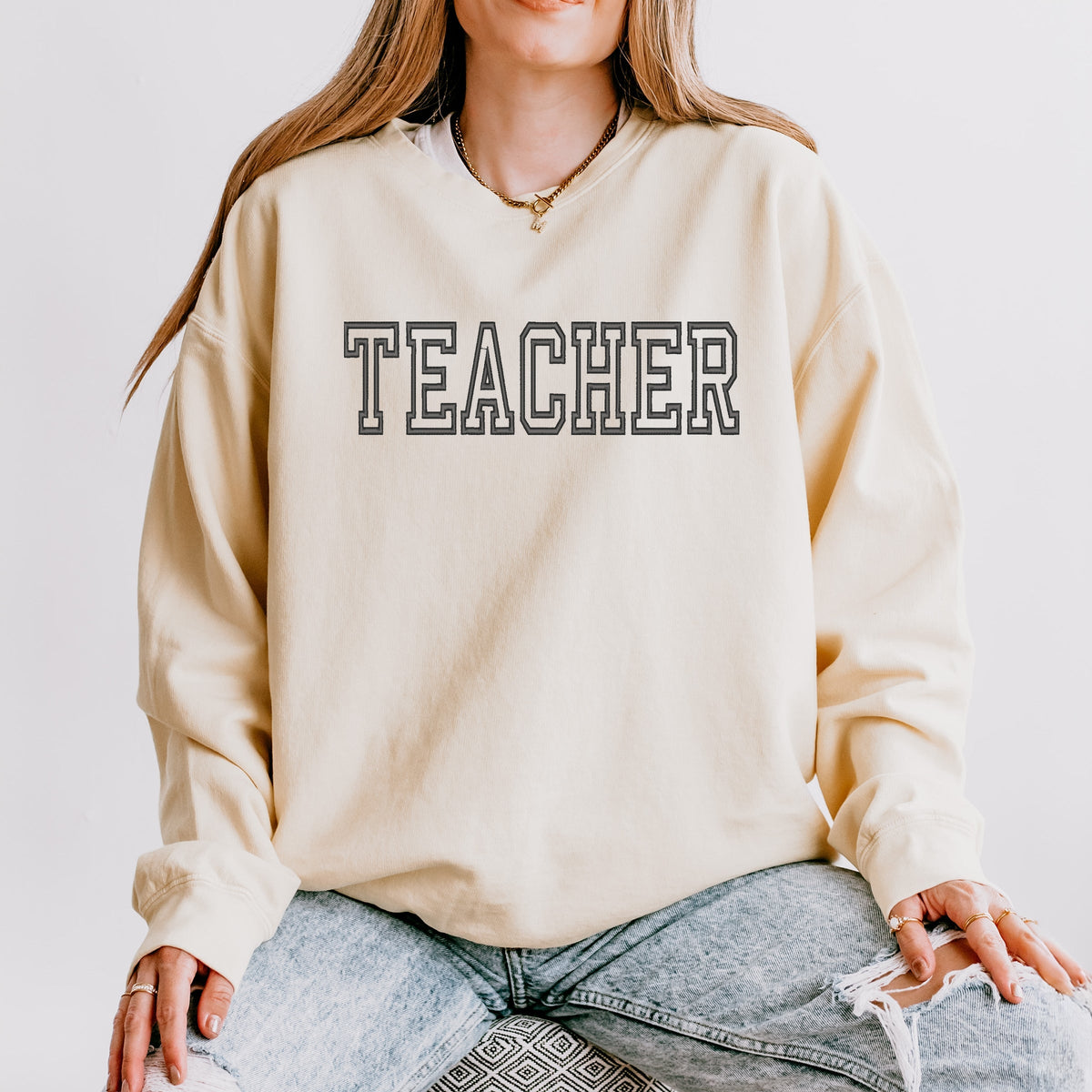 Embroidered Teacher Outline - Women's Lightweight Garment Dyed Sweatshirt