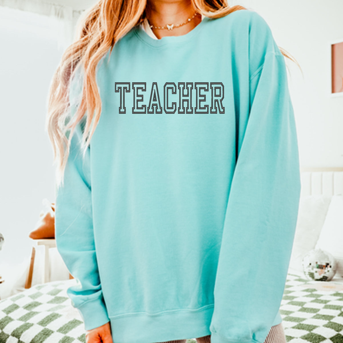 Embroidered Teacher Outline - Women's Lightweight Garment Dyed Sweatshirt