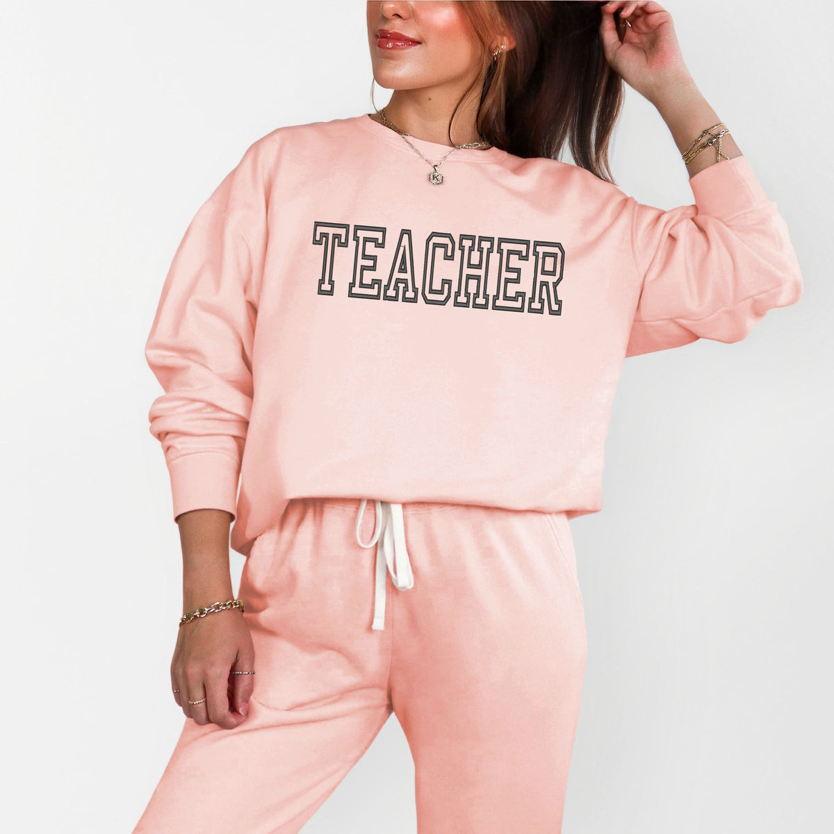 Embroidered Teacher Outline - Women's Lightweight Garment Dyed Sweatshirt